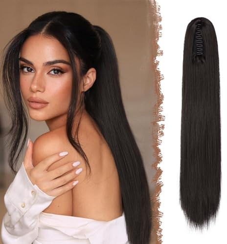 FESHFEN Queue de Cheval Lisse Pince - Postiche Cheveux Naturel Longue Raides Postiches Brun Noir Synthétique Fausse Claw Clip Ponytail Extensions pour Femmes, 63 cm