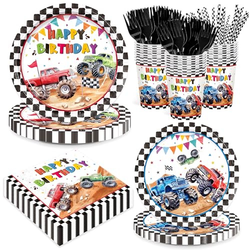 144pcs Monster Truck Birthday Party Supplies Plates Napkins Disposable Paper Cups and Straws Monster Truck Party Decorations Tableware Set for Kids Boys Birthday Decor 24 Guests