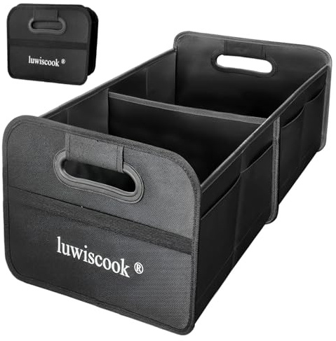 luwiscook Car Boot Organiser Bag, 34L Collapsible 2 Large Compartment SUV Organizer, Non Slip Bottom 1680D Oxford Car Boot Tidy Foldable Storage Box with 4 Side Pockets & Reinforced Handles