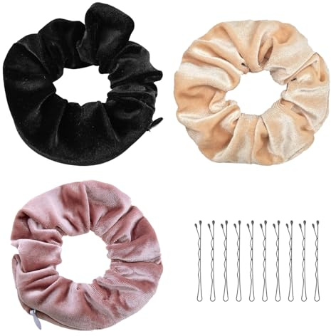 3 Pezzi Elastici e fermacoda in Velluto con Tasca Cerniera e 10 clip,Molticolori Elastico Capelli con Cerniera,Hair Scrunchies Fasce elastiche capelli, per Ragazze,Donne