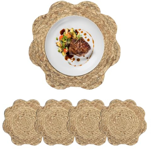 fanquare Handmade Natural Straw Round Woven Placemats Set of 4 | Water Hyacinth Weave Place Mat Braided Table Mats for Dining Kitchen 30cm