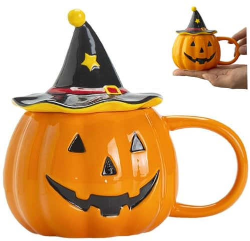 BEAHING Tazza di Halloween, tazza di Halloween, 320 ml di zucca carina con coperchio a forma di cappello da strega per regali