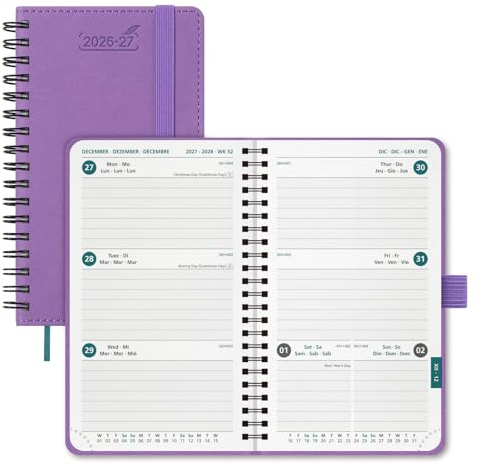 BEZEND Petit Agenda Semainier Spirale 2026 2027 de Juil. 2026 à Déc. 2027 | Agenda Scolaire de Poche A6 avec Pages de Notes, Porte-Stylo Autocollant, Couverture Souple en Cuir PU, Lavande