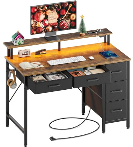 Rolanstar Schreibtisch mit 5 Schubladen, Computertisch mit Steckdosen, Gaming Tisch mit LED-Beleuchtung, Monitorständer, für Homeoffice, Schlafzimmer, Wohnzimmer, Büro (Vintagebraun, 100)