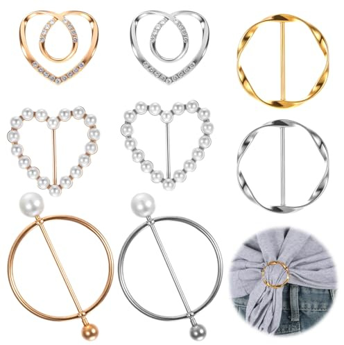 LXUEJIE 8 Stück Broschen für Kleidung, T Shirt Clip Metall Seidenschal Ring Schal Ring Clip Runder Schnalle Gürtelschnalle Damen Krawattenklammern Taillenmieder Clips Zum Spannen (Gold, Silber)