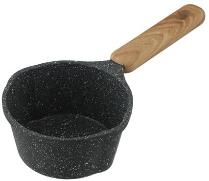 ZYNCUE Olla de aceite caliente de piedra de aluminio fundido con mango de madera de haya, revestimiento, marcas de medición integradas y boquilla de vertido para calentar aceite, leche, huevos o