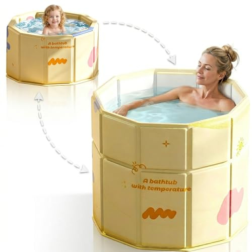 Foldable Edge Portable Bathtub, Collapsible Cold Plunge Tub for Recovery, 2-in-1 Ice Bath & Hot SPA, Easy Step-In for Senior/Child/Pet Wash, Adjust Edge Versatile Tub Fits in Shower (Yellow, 70x65 CM)