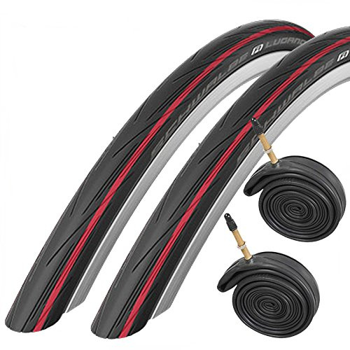 2x Schwalbe Lugano 700c x 25 Road Racing Bike Tyres & Presta Tubes - Red