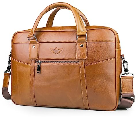 BAGZY Maletin para Ordenador Portátil 15.6 Pulgadas Regalo Hombre Maletín de Cuero Genuino Bolso Hombre Bandolera para Portátil Bolso Mensajero Negocios (Marrón)