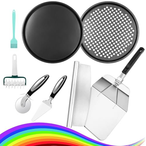 Pizza Making Kit (8 Pc Set) with 12 inch Round Pizza Pan, Pan whit Holes, 14 inch Pizza Cutter, Folding Pizza Peel, Cutter Rocker, Pizza Server, Cutter Wheel, Dough Docker, Oil Brush