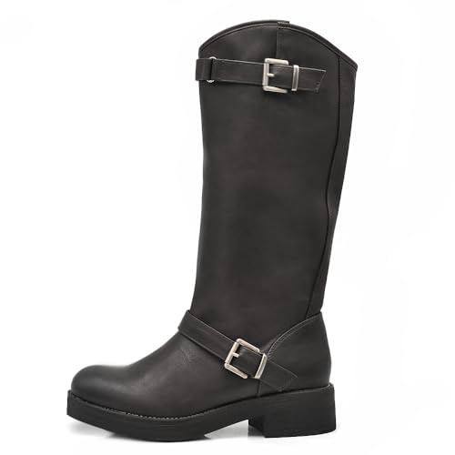 IF Fashion Scarpe Stivali da Donna Al Polpaccio Biker Motociclista Con Fibbie Anfibi