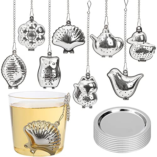 Elsjoy Set of 8 Loose Leaf Tea Infusers with Chain and 8 Drip Trays, 18/8 Stainless Steel Tea Balls Cute Tea Steepers, Mini Tea Strainer Tea Filter Set for Mugs, Tea Cups, Teapots, 16 Pcs