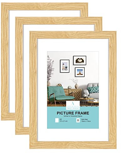 ATOBART A5 cadres photo en bois clair avec passe-partout pour impression 10x15 cm, avec verre en plastique pour montage mural,15x21cm,Lot de 3