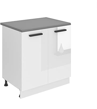 Belini Unterschrank Küche, Küchenunterschrank 80 cm Breite. SD Küchenunterschrank mit Arbeitsplatte. Küchenschrank mit 2 Türen, Weiß Hochglanz