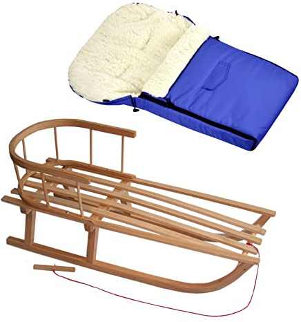 Kombi-erbjudande träsläde med ryggstöd och dragrep universell vinteråkpåse (90 cm), även lämplig för babystol, barnvagn, buggy, lammull uni (blå + släde)