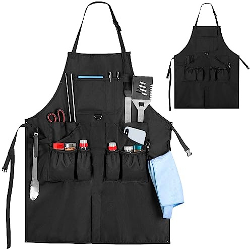 HODRANT Delantal de Cocina para Hombres con Bolsillos y Dobladillo con Abertura, Delantal de Trabajo con Correas Ajustables para Chef, Pintor, Carpintero