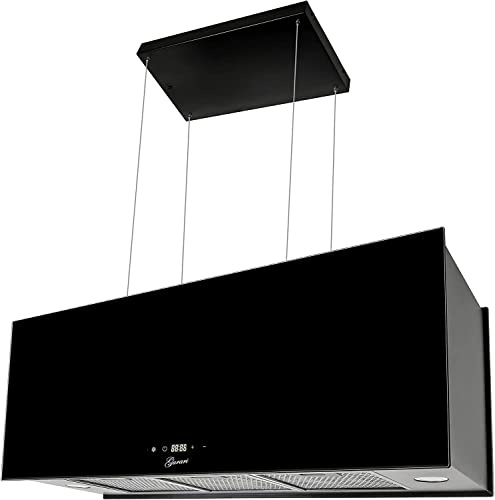 GURARI chapeau îlot 333 90 BL Pr, chapeau îlot de recirculation 90cm, chapeau de plafond, 1000m³/h, verre noir, 4 niveaux, affichage, LED