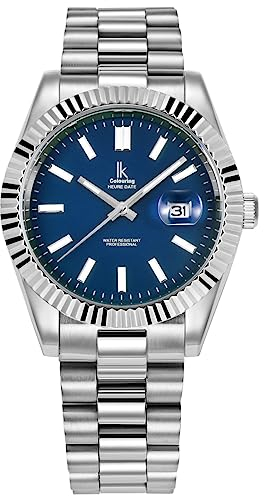 Alienwork Armbanduhr Herren Damen Silber Edelstahl Metallarmband Kalender Datum Marineblau Klassik Elegant