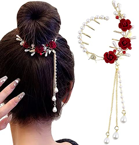 Perle Rose Haarklammer Quaste Pille Haarspangen Damen Modisch Elegant Metall Haarspange Pferdeschwanz Schnalle Vintage Rot Rose Blumen Perlen Haarklammern für Frauen Mädchen Hair Clip Hair Accessories