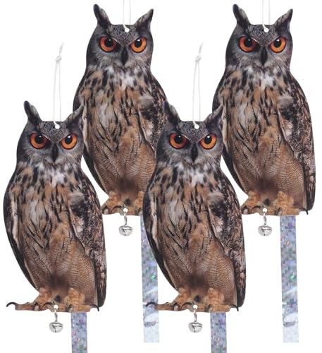 Gufo per tenere gli uccelli lontani, 4PCS dispositivi spaventapasseri riflettenti con gufo appeso, decorazione a doppia faccia stampata a griglia, falco finto per giardino, terrazzo, finestra