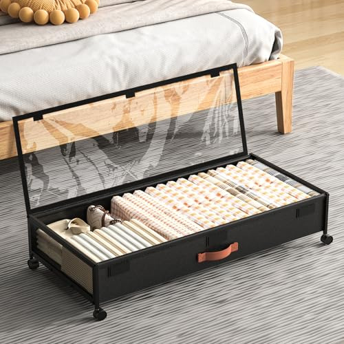 Under Bed Storage Containers with Wheels Large Underbed Shoes Blankets Clothes Toy Storage Drawers for College Dorms Bedrooms Nursery Rooms Organization (Black 1 Pack, 7.5in height(36x16.6x7.48))