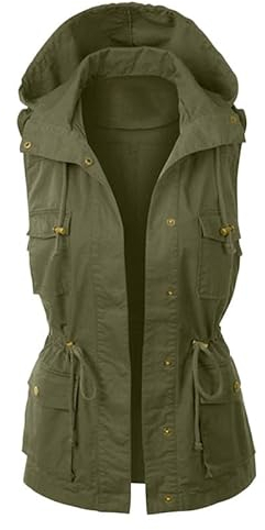 Runstarshow Gilet med huva för kvinnor, Storbritannien, damvästar, ärmlös cargoväst damväst med huva, ärmlös anorakjacka, lätta ytterkläder med dragsnöre, fickor plus size, S-5XL/8-26, Armégrönt, 38