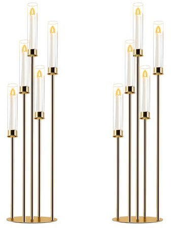 Kandelaber, goldener Tafelaufsatz, 5 Arme, konischer Kerzenhalter, goldener Tafelaufsatz mit Acrylröhren, für Tischdekoration, Hochzeit, Event, Party, Gang, Bühne, Heimdekoration (2, L)
