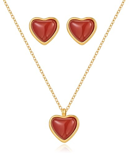 WOWORAMA Rött hjärta smyckesset för kvinnor, rött kärlekshjärta, hänge, halsband, örhängen, set, läcker röd agat, halsband, födelsedag, alla hjärtans dag, present till henne, Koppar