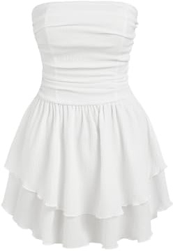 CIDER Women's Summer Cocktail Dress - Tube Ruched Ruffle Mini Dress: White, L