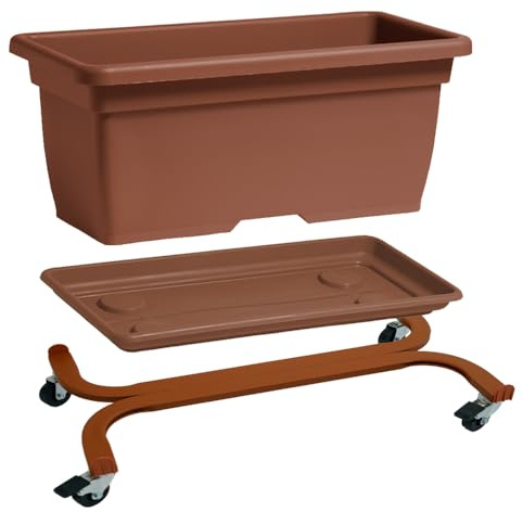 Nicoli vaso fioriera da esterno in polipropilene, con sottovaso, per piante o fiori, vaso rettangolare per balcone, giardino, terrazzo (Cotto, 100 cm con carrello)