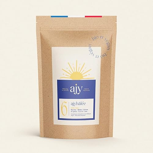 AJYHÂLEE Activateur et accélérateur de bronzage | Protection solaire naturelle, antioxydant, teint hâlé, boost collagène | Cuivre, sélénium, carotte, pépins de raisin, L-tyrosine | 60 gélules