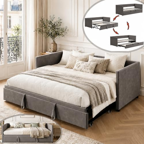 PRTECY Sofá cama tapizado convertible plegable con marcos de listones, sofá cama extensible para sala de estar, apartamento (no incluye colchón) (gris)