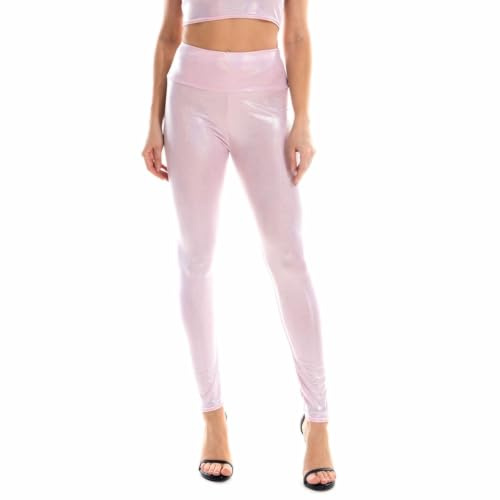 NewL Dam glänsande metalliska holografiska leggings sexig hög midja elastiska smala byxor ankel långa gotiska leggings, Rosa, S (Smal)