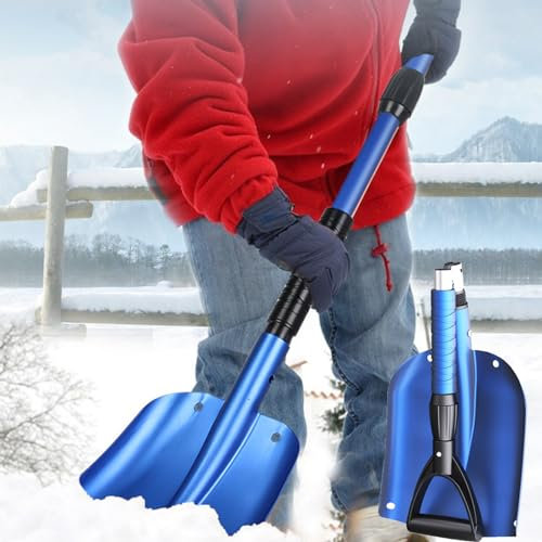 Pala de Nieve Plegable para Coche, Pala quitanieves portátil de Emergencia con Mango ergonómico en Forma de D y Mango retráctil de Aluminio para Maletero de Coche, Motos de Nieve, Camping