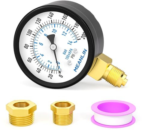 MEANLIN MEASURE 0~200Psi/0~14BAR Well Pump Pressure Gauge 2 DIAL FACE 1/4 BSP, with 1/4 x 1/2 BSP and 1/4 x 3/8 BSP Hex Bushing, Pool Sand Filter Water Oil Air Pressure Test Center Lower Mount