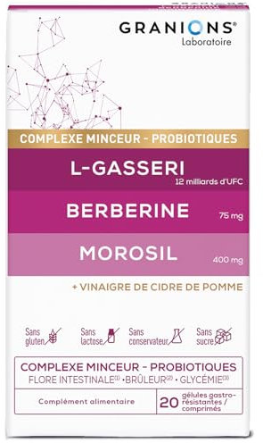 GRANIONS Probiotique Complexe Minceur - Morosil, Probiotique flore intestinale, Berberine, Vinaigre de cidre, Chrome, Lactobacillus Gasseri, Morosil Perte de Poids, Brule graisse, Ventre Plat 20 Jours