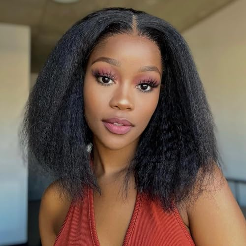 Fereowth 13 x 4 Lace Front Yaki Kinky Straight Wigs Damenperücke Natur Brasilianische Perücke Menschenhaar Glueless Human Hair Wigs für Frauen 150 % Dichte 35 cm