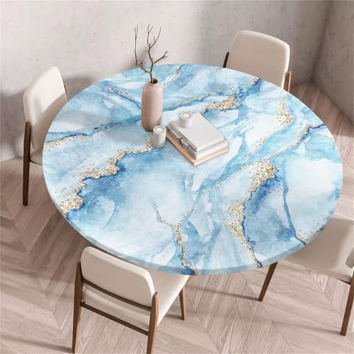Morbuy Elastische Tischdecke Rund, Marmor Stil Tischdecke Wasserdicht Schmutzabweisend Gartentischdecken Tischtuch Abwischbar Tischschutz für Party Küche (Blau Marmor,Durchmesser 80cm)