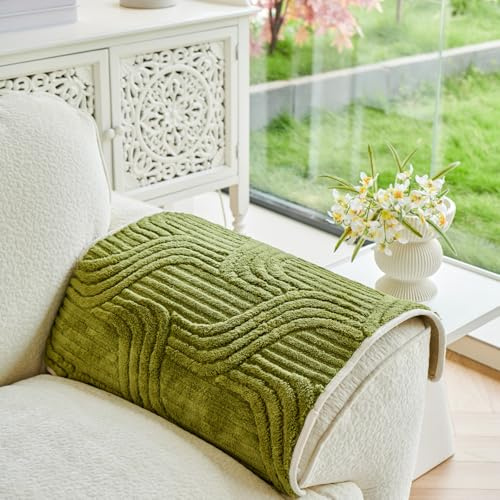 Huierxun Velvet Plush Couch Sofa Cover Protector for Sectional Sofa Armrest Covers Loveseat Slipcovers with Geometric Textured Washable Anti-Slip Sofa Slipcover Dogs Pet Friendly(Green,28x28)