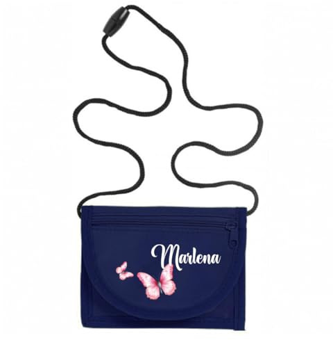 minimutz Geldbörse Kinder personalisiert, Kindergeldbeutel mit Name, Brustbeutel Schmetterling Mädchen (Navy)