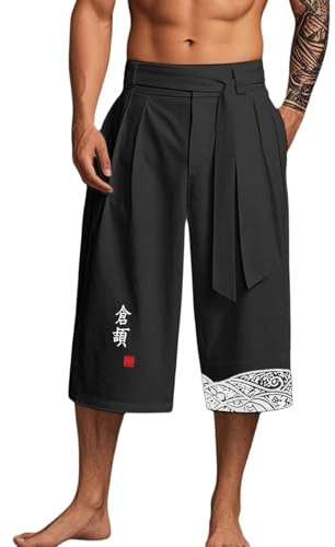Generisch Leinen Japanische Hose Herren Kurze Taro Traditionelle japanische Kleidung mit Kordelzug Sommer Casual Leicht Strand Jogger Yoga Gym Trekking (Black, L)