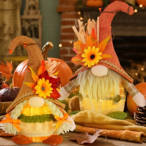 Herbstdeko Wichtel mit LED Licht, 2 Stück Herbst Dekoration Kürbis Wichtel Figuren mit Beleuchtet, Weihnachtswichtel Plüsch Für Erntedankfest Weihnachten Party Geschenk beleuchtete herbstdeko (kurz)