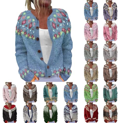 Cardigans for Women UK Vintage Fair Isle Sweaters Lightweight Open Front Cardigan Casual Long Sleeve Button Down Sweaters Ladies Loose Comfy Coat Autumn Winter Outwear for Everyday Wear