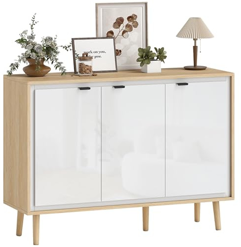 HOMCOM - Aparador de alta luminosidad, mueble de almacenamiento con 3 puertas, estantes ajustables, patas de madera, estilo moderno, aparador comedor, cocina y sala de estar, 107 x 35 x 77 cm, blanco