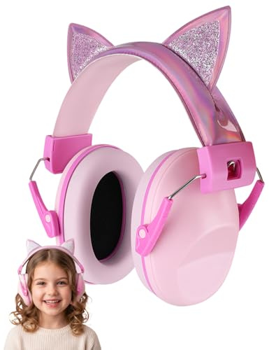 Evolpor Pink Ear Defenders Children, Adjustable Kids Ear Defenders with Cat Ears, Noise Cancelling Headphones for Kids Autism, Toddler Ear Defender Age 3+, Childrens Ear Defender for Travel & Study