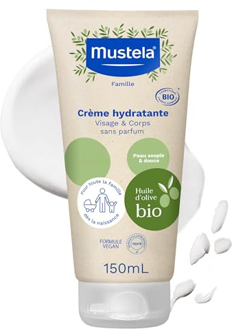Mustela Crème Hydratante Bébé Visage et Corps Bio Peaux Sensibles 150ml | Crème hydratante visage et corps pour nourrissons et famille, apaise et protège les peaux sensibles, usage quotidien