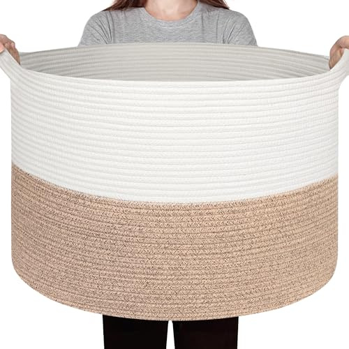 WILLITAT Large Woven Storage Basket, Cotton Rope Blanket Basket, Round Living Room Bedroom Decor, Baby Nursery Large Laundry Washing Basket for Clothes, 55x35cm, 83L, Brown