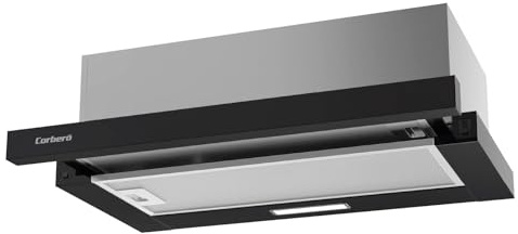 Corberó VINSON636B Dunstabzugshaube, ausziehbar, 60 cm, 387,6 m³/h, 58 dB, 36,5 W, LED-Beleuchtung, Aluminium- und Kohlefilter, Schwarz