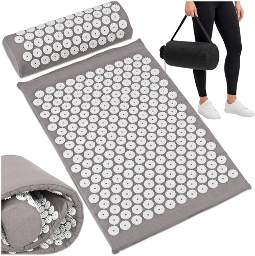 KRUMAD Esterilla de acupresión, estera de púas, estera granulada, alfombra de Fakir, alfombrilla para uñas | 60 x 40 cm, juego de cojines, bolsa de almacenamiento, cientos de puntos de acupresión, relleno suave, plegable, color gris