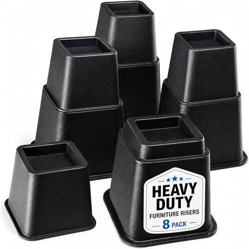 Home It Adjustable Bed Risers - Elevation in 3, 5 or 8 Inch - Heavy Duty Stackable Furniture Risers Supports 1,300 lbs - for Under-Bed Storage, College Dorms, Table and Couch, 4 Pack Bed Lifts Black